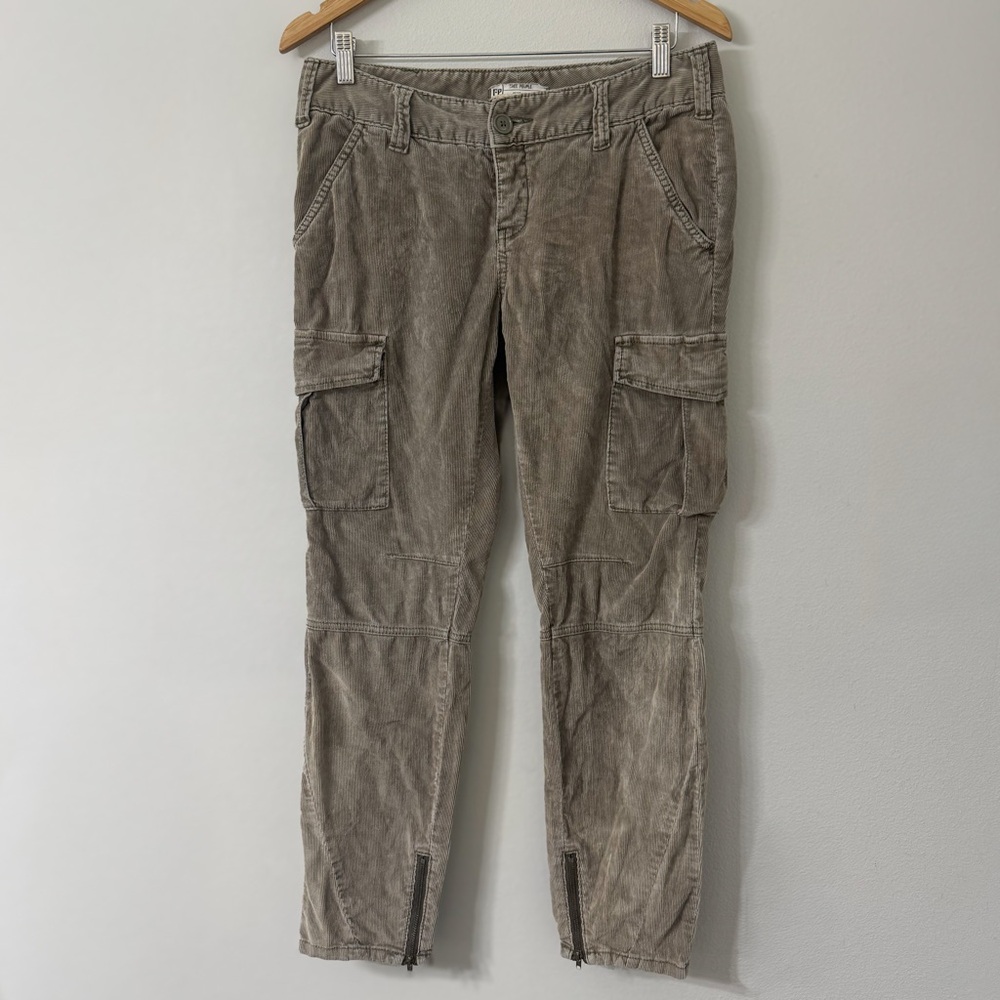 Free People W28 Corduroy Cargo Pants Utility Joggers Zip Hem Taupe Gray
